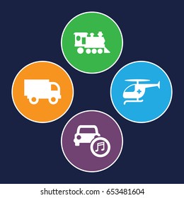 Vehicle icons set. set of 4 vehicle filled icons such as locomotive, medical helicopter, car music