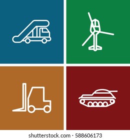 vehicle icons set. Set of 4 vehicle outline icons such as truck crane, tractor, tank