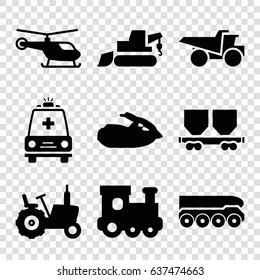 Vehicle icons set. set of 9 vehicle filled icons such as tractor, helicopter, train toy, excavator, truck, cargo wagon, ambulance, jet ski