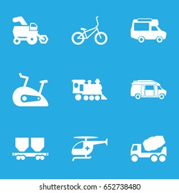 Vehicle icons set. set of 9 vehicle filled icons such as tractor, concrete mixer, van, cargo wagon, locomotive, medical helicopter, exercise bike