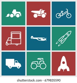 Vehicle icons set. set of 9 vehicle filled and outline icons such as helicopter, rocket, excavator, truck, delivery car, child bicycle, tractor