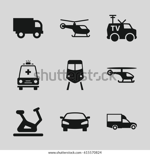 Vehicle icons\
set. set of 9 vehicle filled icons such as train, helicopter,\
exercise bike, van, TV van, ambulance,\
car