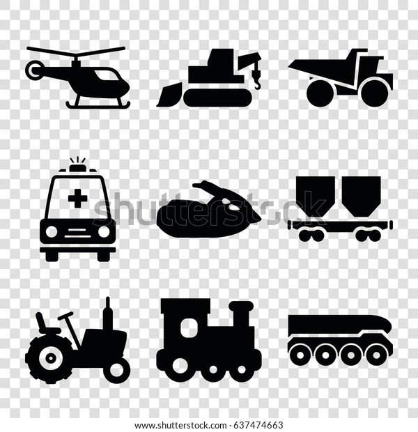 Vehicle icons set. set of 9 vehicle filled icons\
such as tractor, helicopter, train toy, excavator, truck, cargo\
wagon, ambulance, jet\
ski