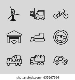 Vehicle icons set. set of 9 vehicle outline icons such as child bicycle, concrete mixer, truck, tractor, forklift, garage, helicopter, cpu in car