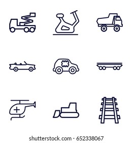Vehicle icons set. set of 9 vehicle outline icons such as toy car, exercise bike, tractor, crane, cargo wagon, railway, medical helicopter, car