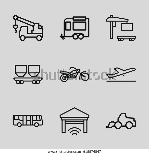 Vehicle icons set. set of 9 vehicle\
outline icons such as plane taking off, airport bus, excavator,\
truck with hook, trailer, cargo wagon, cargo truck,\
garage