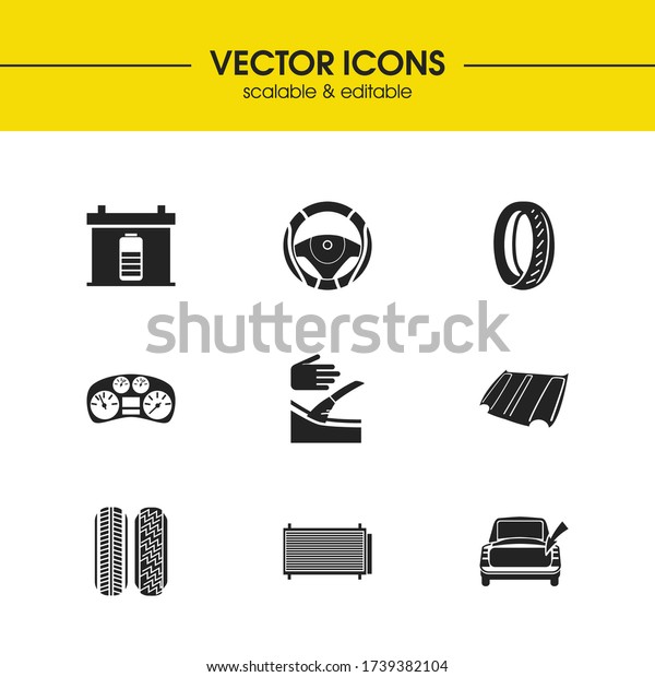 Vehicle icons set with battery,
condenser and car speedometer elements. Set of vehicle icons and
car bonnet concept. Editable vector elements for logo app UI
design.