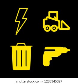 vehicle icons set with bulldozer, drill and flash symbol vector set