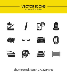 Vehicle icons set with car microcircuit, hoods, car hand brake elements. Set of vehicle icons and vehicle concept. Editable vector elements for logo app UI design.
