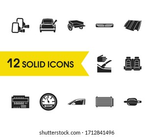 Vehicle icons set with car trip meter, tail gate, car hand brake elements. Set of vehicle icons and condensation concept. Editable vector elements for logo app UI design.