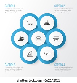 Vehicle Icons Set. Collection Of Automobile, Air Transport, Cruise And Other Elements. Also Includes Symbols Such As Shipping, Aircraft, Baggage.