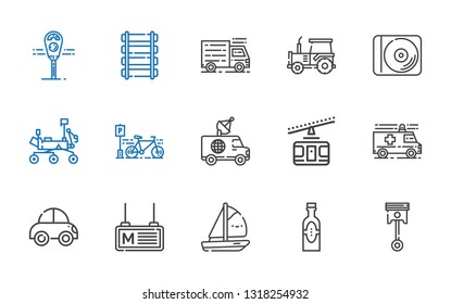 vehicle icons set. Collection of vehicle with automotive, products, boat, metro, car, ambulance, cable car, van, bicycle, mars rover, disc. Editable and scalable vehicle icons.