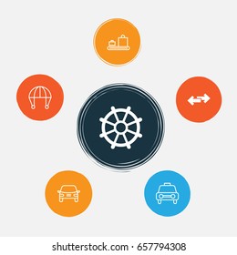 Vehicle Icons Set. Collection Of Boat Helm, Automobile, Navigation Arrows And Other Elements. Also Includes Symbols Such As Luggage, Taxi, Auto.