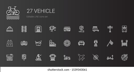 vehicle icons set. Collection of vehicle with collision, plane, bicycle, train, boat, parking, garage, marshall, car, rolling wheel, washing. Editable and scalable vehicle icons.