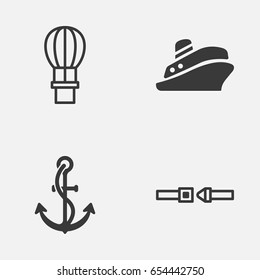 Vehicle Icons Set. Collection Of Flight Basket, Safety Belt, Travel Boat And Other Elements. Also Includes Symbols Such As Hook, Anchor, Air.