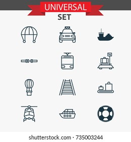 Vehicle Icons Set. Collection Of Lifebuoy, Safety Belt, Boat And Other Elements. Also Includes Symbols Such As Streetcar, Skydive, Sea.