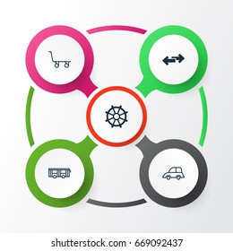 Vehicle Icons Set. Collection Of Navigation Arrows, Vehicle, Boat Helm And Other Elements. Also Includes Symbols Such As Ship, Cargo, Cart.