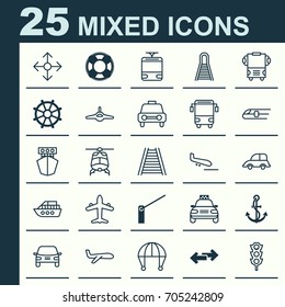 Vehicle Icons Set. Collection Of Navigation Arrows, Lifebuoy, Metro And Other Elements. Also Includes Symbols Such As Railroad, Streetcar, Arrival.
