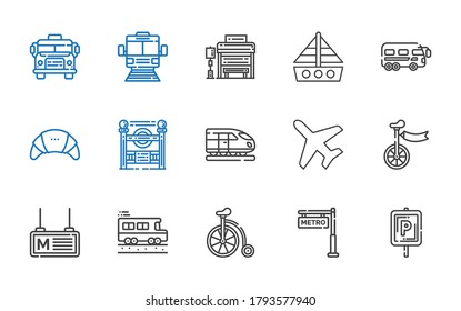 vehicle icons set. Collection of vehicle with parking, metro, bicycle, school bus, unicycle, plane, train, subway entrance, products, bus. Editable and scalable vehicle icons.