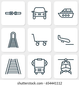 Vehicle Icons Set. Collection Of Plane Arrival, Railway, Railroad And Other Elements. Also Includes Symbols Such As Train, Automobile, Railway.