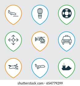 Vehicle Icons Set. Collection Of Plane, Flight Basket, Taxi And Other Elements. Also Includes Symbols Such As Aviation, Travel, Aircraft.