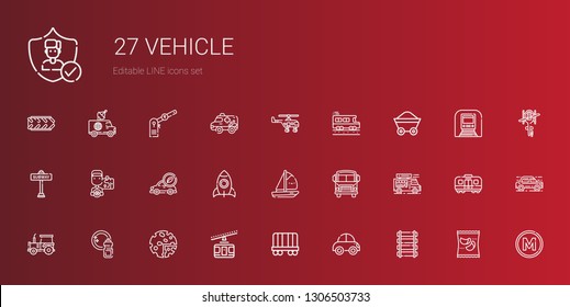 vehicle icons set. Collection of vehicle with rail, car, wagon, cable car, products, washing, tractor, food truck, school bus, boat, rocket. Editable and scalable vehicle icons.