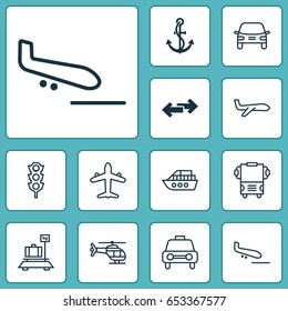 Vehicle Icons Set. Collection Of Stoplight, Plane Arrival, Boat And Other Elements. Also Includes Symbols Such As Auto, Arrow, Hook.