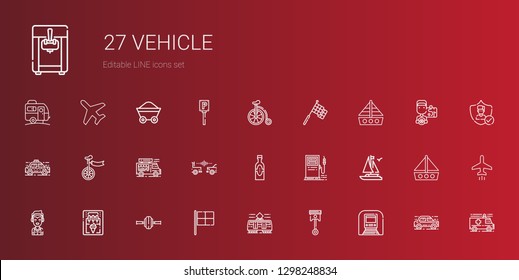 vehicle icons set. Collection of vehicle with underground, automotive, tram, racing, wheel, ice cream machine, marshall, boat, gas station. Editable and scalable vehicle icons.