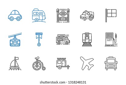 vehicle icons set. Collection of vehicle with van, plane, bicycle, boat, gas station, train, food truck, automotive, cable car, racing, ambulance. Editable and scalable vehicle icons.