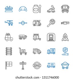 vehicle icons set. Collection of vehicle with wagon, mail truck, subway, racing, insurance, delivery truck, transportation, rail, rocket. Editable and scalable vehicle icons.