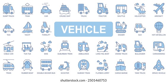 Vehicle icons set in duotone outline stroke design for web. Pack pictograms of dump truck, tram, car, cruise ship, tractor, shuttle, helicopter, taxi, yacht, ambulance, other. Vector illustration.