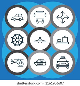 Vehicle icons set with luggage conveyor, school bus, rudder and other plane  elements. Isolated vector illustration vehicle icons.