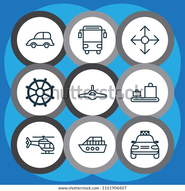 Vehicle icons set with luggage conveyor, school\
bus, rudder and other plane  elements. Isolated vector illustration\
vehicle icons.