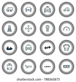 Vehicle icons set with navigation arrows, road pointer, railway and other auto car elements. Isolated vector illustration vehicle icons.