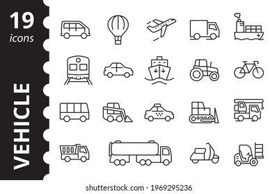 Vehicle icons set. Simple collection of transport symbols. Vector line signs.