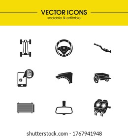 Vehicle icons set with wheel, condenser and fenders elements. Set of vehicle icons and repair concept. Editable vector elements for logo app UI design.