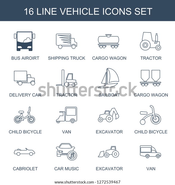 vehicle icons.\
Trendy 16 vehicle icons. Contain icons such as bus airoirt,\
shipping truck, cargo wagon, tractor, delivery car, sailboat, child\
bicycle. vehicle icon for web and\
mobile.