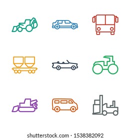 vehicle icons. Trendy 9 vehicle icons. Contain icons such as forklift, van, excavator, tractor, car, cargo wagon, bus airoirt. vehicle icon for web and mobile.