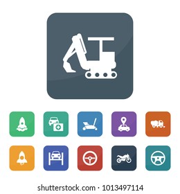 Vehicle icons. vector collection filled vehicle icons such as steering wheel, car lift, car jack, sweeper truck, rocket, excavator