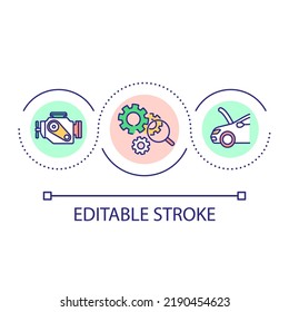 Vehicle Inspection Loop Concept Icon. Car Travel Preparation. Examine Car Before Roadtrip Abstract Idea Thin Line Illustration. Isolated Outline Drawing. Editable Stroke. Arial Font Used