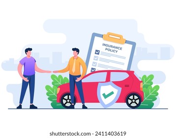 Ilustración plana del seguro de vehículos, el hombre compra póliza de seguro de automóviles a un agente, seguro automático, seguridad de coches, asistencia y protección de, ui, diseño web, página de aterrizaje, infografía