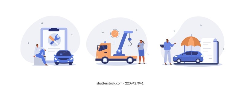 Vehicle insurance illustration set. Characters presenting full coverage insurance policy with repair and tow truck services. Auto protection concept. Vector illustration.