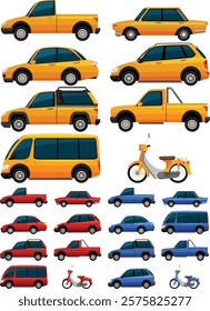 Vehicle insurance illustration set. Characters buying car, bicycle and motorbike insurance policy with full coverage and protection.