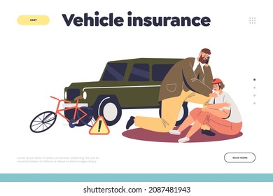 Vehicle insurance landing page with car accident with bicycle on road. Driver checking injured at collision cyclist. Safety of transportation and vehicle crash. Cartoon flat vector illustration