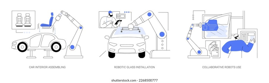 Conjunto de ilustración vectorial de concepto abstracto del montaje interior del vehículo. Montaje interior de automóviles, instalación de vidrio robótico, uso de robots colaborativos, metáfora abstracta de la industria automovilística.