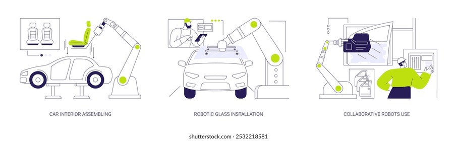 Conjunto de ilustrações vetoriais de conceito abstrato de montagem interior do veículo. Montagem interior de carro, instalação de vidro robótico, uso colaborativo de robôs, indústria de fabricação de automóveis metáfora abstrata.