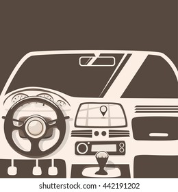 Vehicle interior. Inside car. Vector cartoon illustration. Cartoon style. Driver behind the wheel