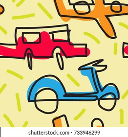 Vehicle Kids Drawing Seamless Pattern
