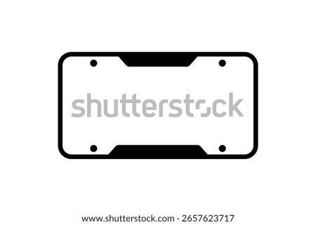 Vehicle license plate frame with rounded corners and mounting holes, used for automotive identification, registration, and transportation design
