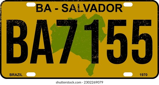 Vehicle license plate Salvador - Bahia - Brazil 1970 yellow. State map in the background in green color. Fountain Bebas Neue